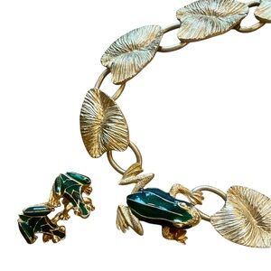 Unique green & blue enamel frog w/lilly pads necklace & frog pierced earring set